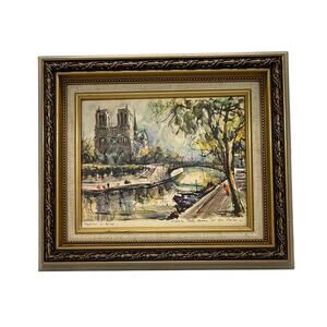 Vintage Marius Girard Color Lithograph Print Notre Dame on the Seine Framed